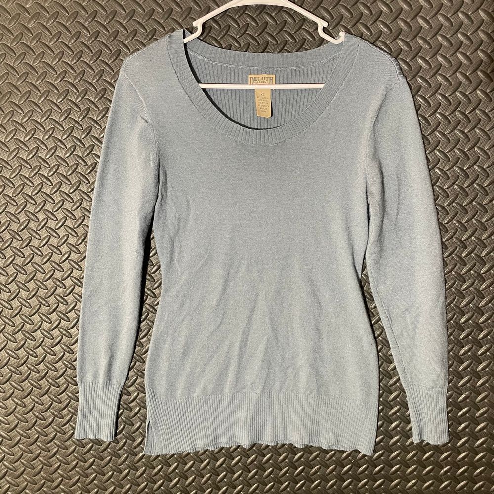 Duluth Trading co Blue Scoop Neck Knit Pattern Pullover Casual Sweater Women XS - Picture 1 of 7